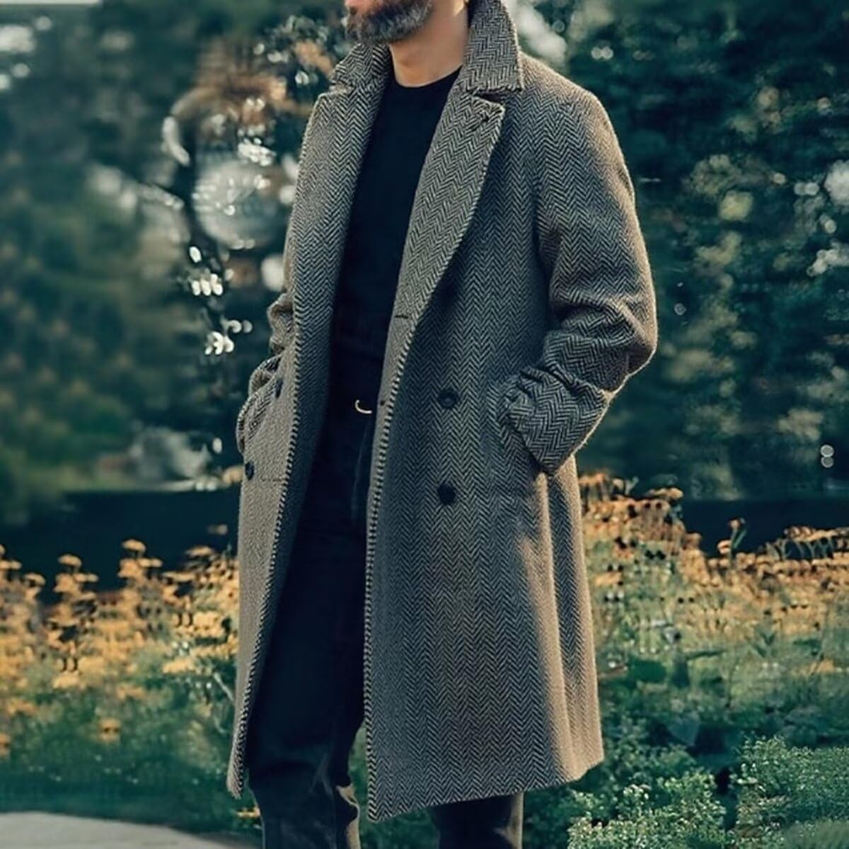 Retro Herringbone Mens Long Tweed Overcoat Slim Fit Prom Peacoat Wool Blend Blazer Business Mens Trench Coat - Image 3