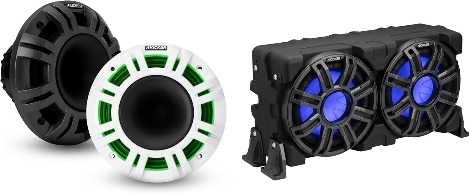 KICKER Marine 48KMXL65 6.5" 4-Ohm RGB LED KMXL Horn-Loaded Marine Coaxial Speakers w/ 51MWLE104 - MWE 10-Inch Loaded Premium Marine Sub Encl w/Passive Radiator