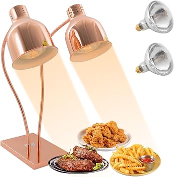 2-Head Food Insulation Lamp, Commercial Food Warmer Food Heat Lamps with 250W Bulb Rotatable Arm Catering Foods Warming Lamp Portable Electric Heat Light for Buffet, Parties Rose Gold