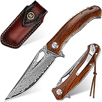 Vista 1 de Benkey Cuchillo de bolsillo de acero de Damasco, cuchillo de bolsillo afilado VG10 Damasco con mango de madera hecho a mano, funda de cuero