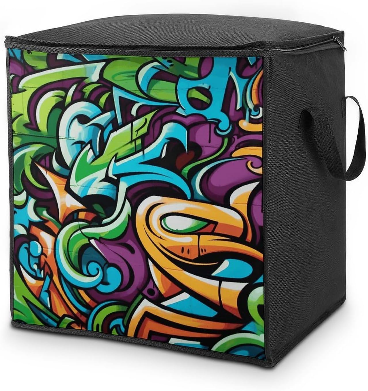Graffiti Drawing Art Storage Bag with Zippers And Handle Extra Large Bedding Comforter Storage Bag Foldable Blanket Storage Bags Fabric Moving Bags for Closet Organizer (70L)