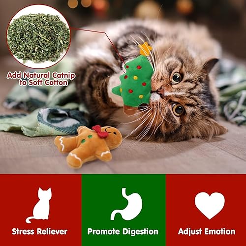 Miniatura 2 de Vansolinne Juguetes de Navidad con hierba gatera, 6 juguetes interactivos masticables para gatos de interior, juego de juguetes de dentición