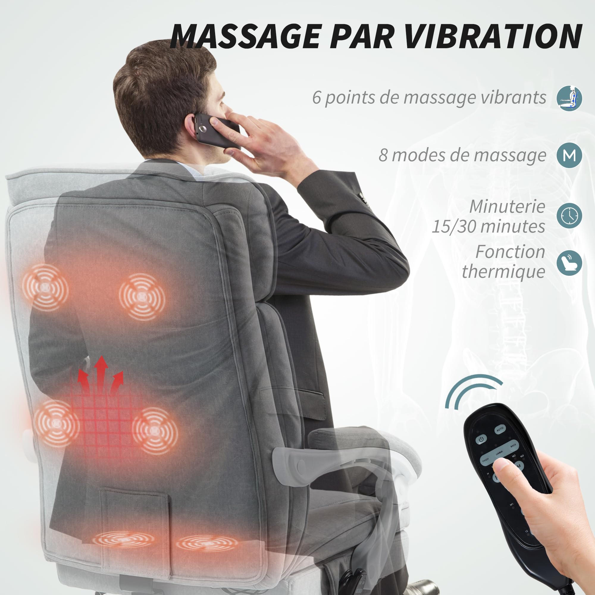 HOMCOM Fauteuil de Bureau massant et Chauffant, Hauteur réglable, Gris