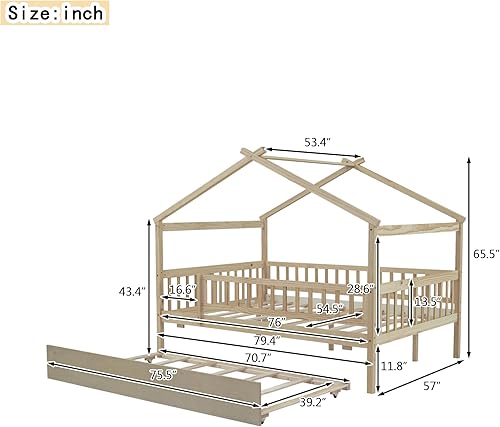 Miniatura 54 de Cama de casa tamaño individual con barandillas de valla, marco de cama de madera estilo Montessori para niños, divertidas camas de casa de juegos