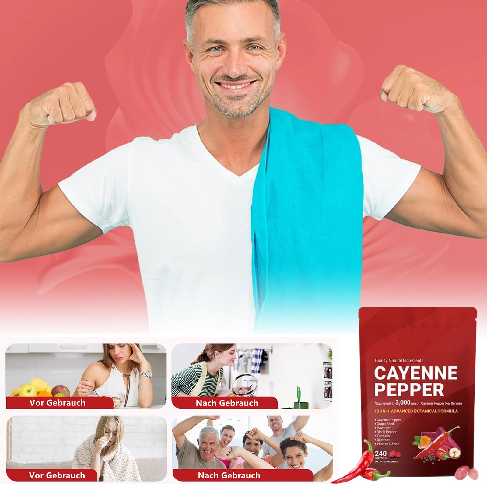 Cayenne Pfeffer Komplex –12-in-1 Formel, Cayennepfeffer-Softgels, 240 Softgel-Kapseln – Mit Kurkuma, Weißdorn & Rote Bete – Hochwertiger Pflanzenextrakt-Komplex (3 Beutel)