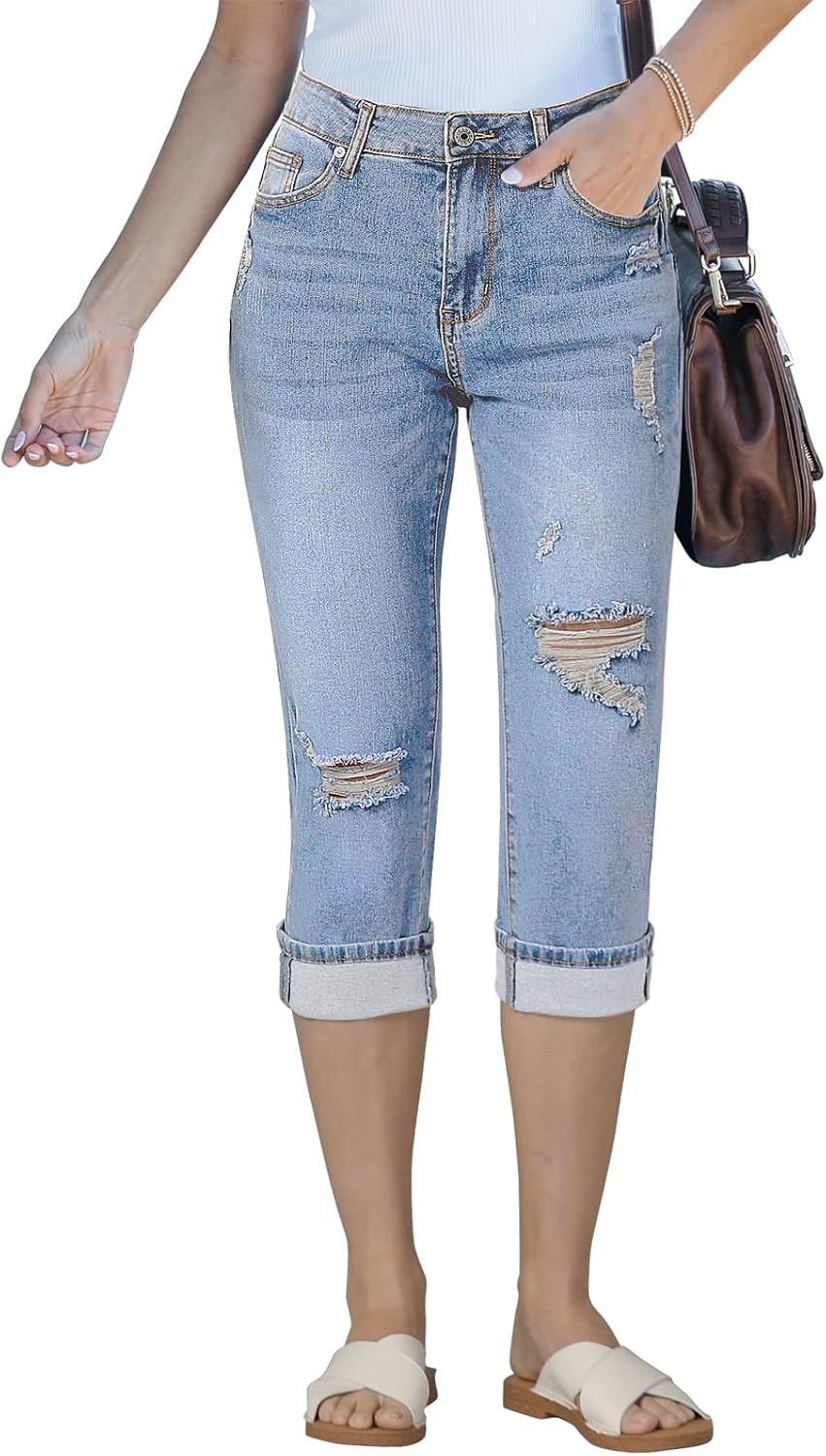 Vetinee Capri Jeans for Women Skinny High Waisted Distressed Stretchy Denim Capris Pants Ripped Trousers Jeans Jeggings