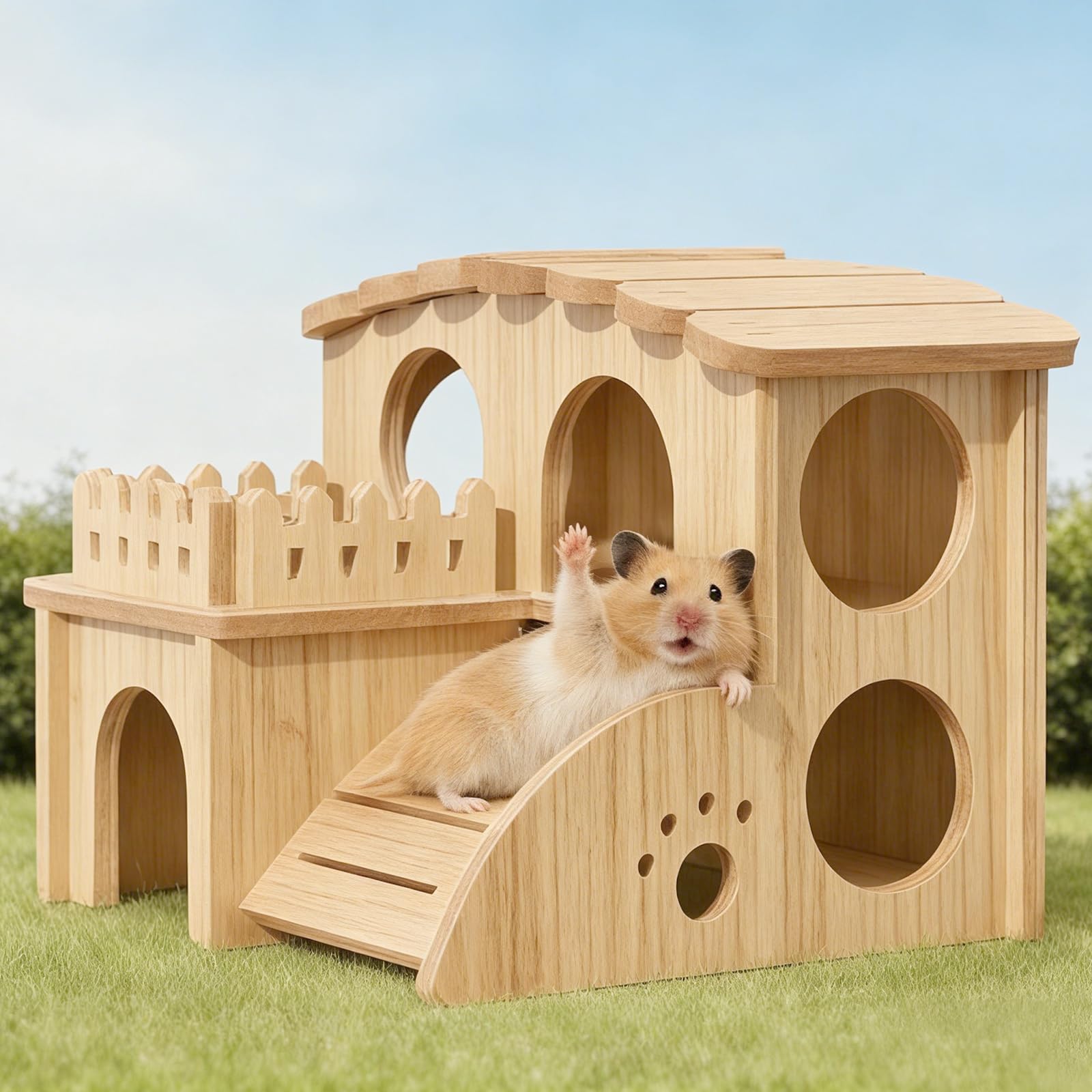Casa di legno per criceti, casa per conigli, casa per criceti, casa per criceti con rampa, nascondiglio per animali piccoli, criceti conigli, accessori per animali domestici, criceto nano, gerbilli
