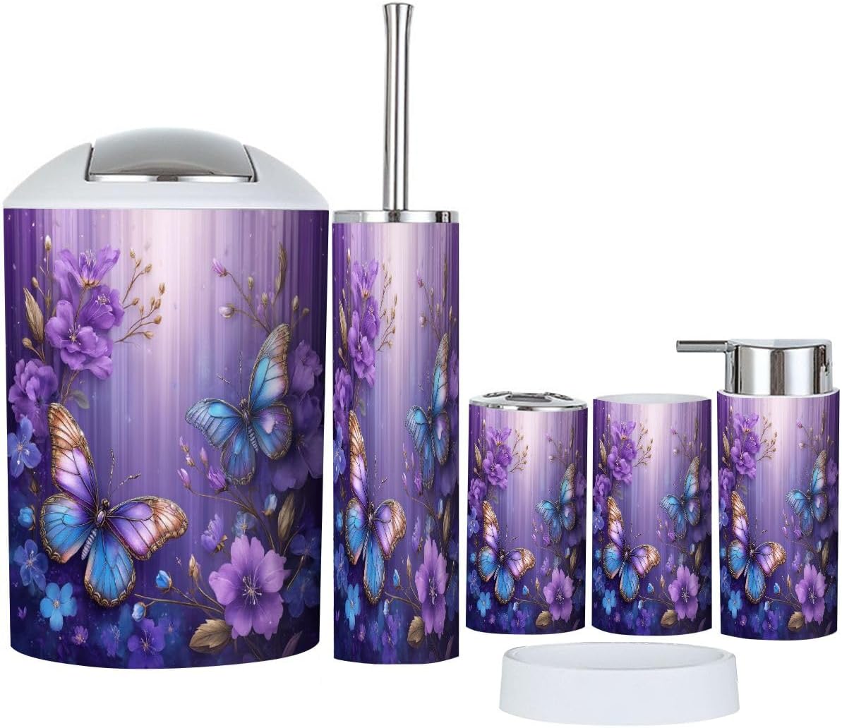 Bathroom Accessories Set 6 Pcs Purple Floral Butterfly Modern Elegant Butterflies Purple Flowers Gold Toothbrush Holder Cup Soap Dispenser Soap Dish Toilet Brush Holder Trash Can for Countertop Decor