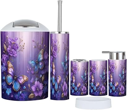 Bathroom Accessories Set 6 Pcs Purple Floral Butterfly Modern Elegant Butterflies Purple Flowers Gold Toothbrush Holder Cup Soap Dispenser Soap Dish Toilet Brush Holder Trash Can for Countertop Decor