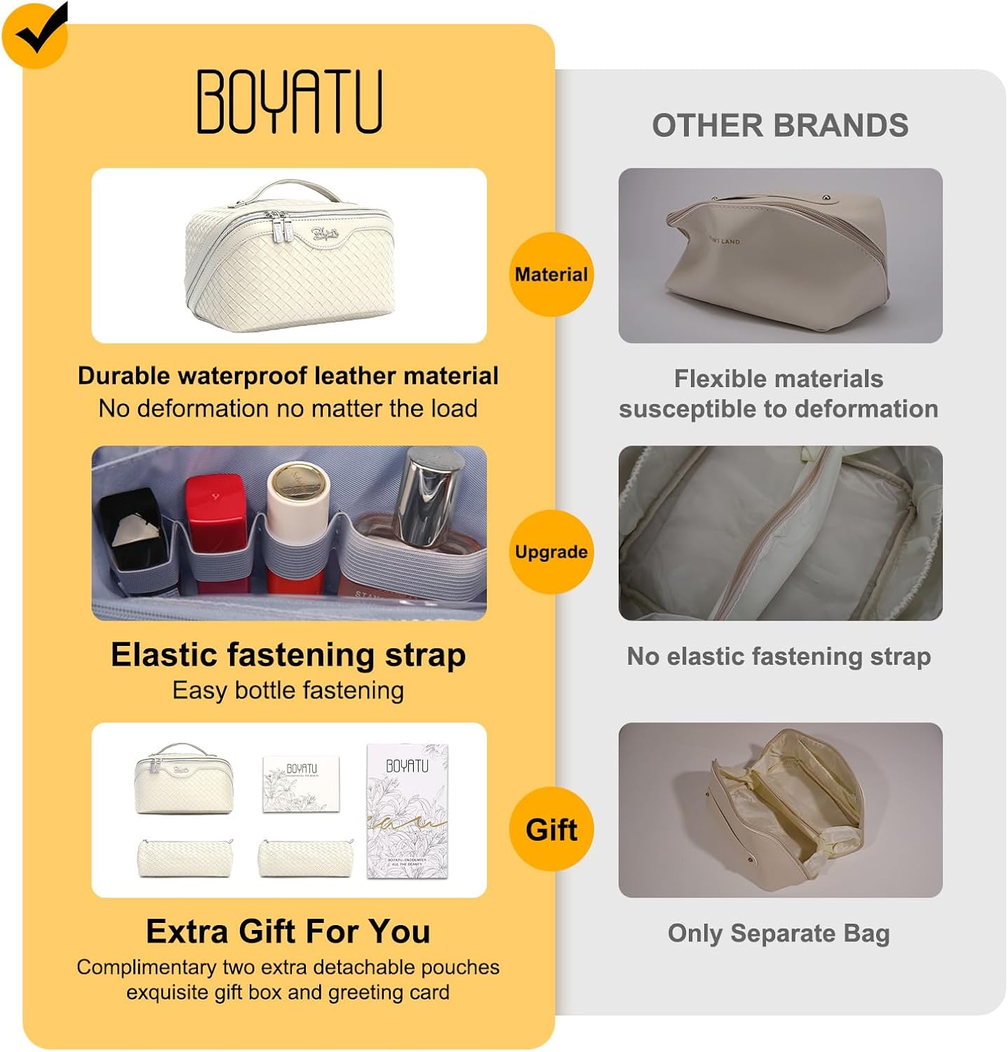 BOYATU Travel Makeup Bag Cosmetic Bags for Women: Large Capacity 3 Pcs Set Make up Bag with Compartments - Waterproof Vegan Leather Toiletry Organizer Bags with Handle (L09 Beige) - Image 2