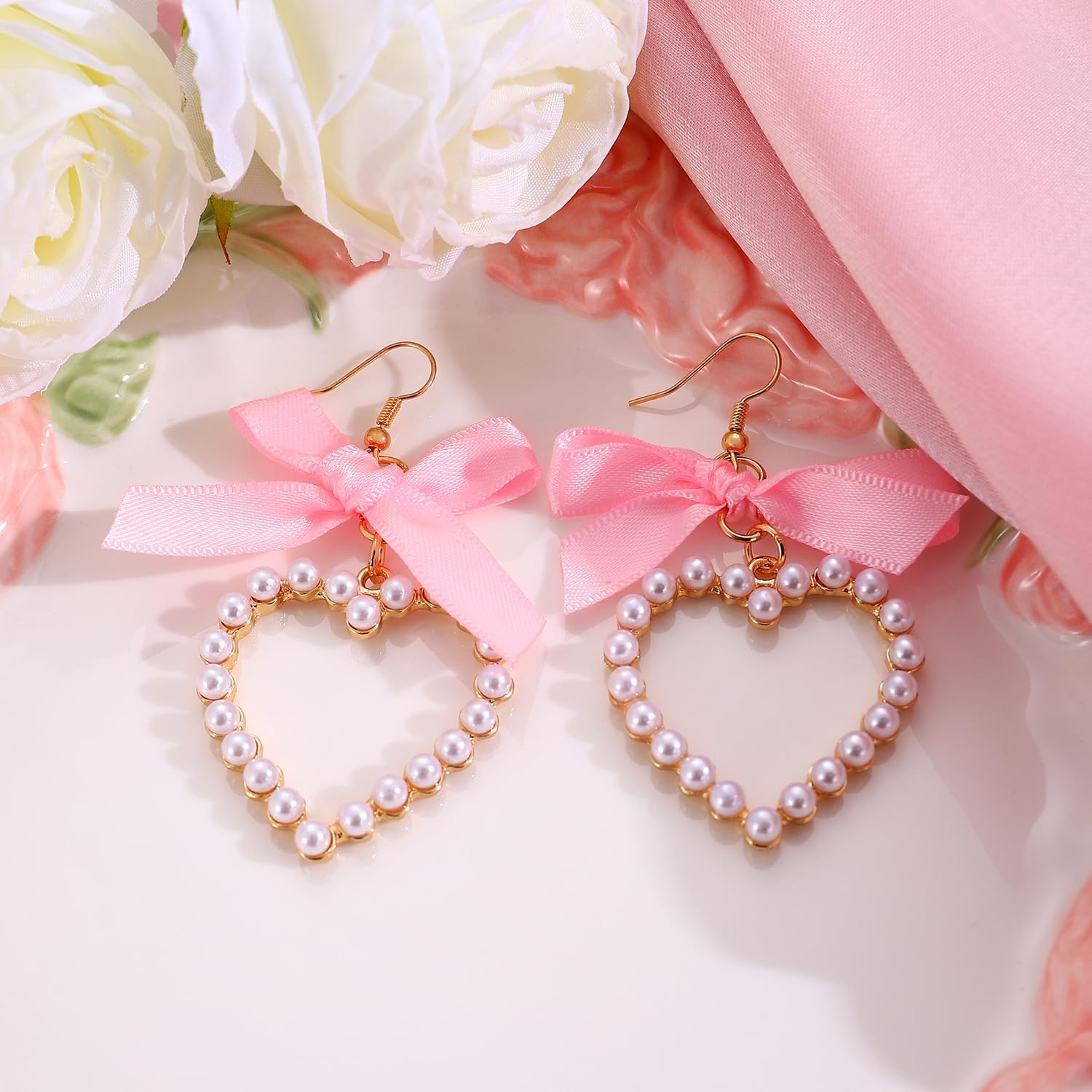 Bow Ribbon Hollow Out Pearl Heart Earrings for Women Romantic Valentine Day Anniversary Party Jewelry