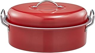 BRONYPRO Large Turkey Roasting Pan with Lid & Rack, 18-Inch Durable Granite Non-Stick Roaster, 20 lb Capacity for Roasting Turkey, Chicken, or Vegetables, Red