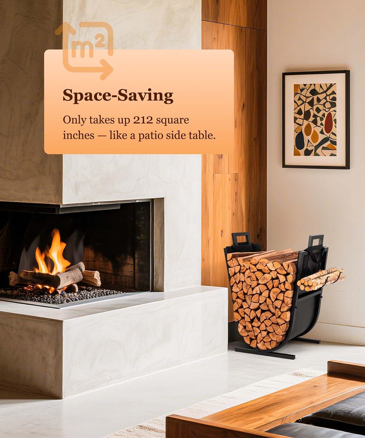 Firewood Rack Outdoor and Indoor - 27 inch(H) x 20.5 inch(W) Rustproof Heavy Duty Firewood Storage with Kindling Hooks & Canvas Carrier, Sturdy Fireplace Log Holder Fireplace Decor Organizer