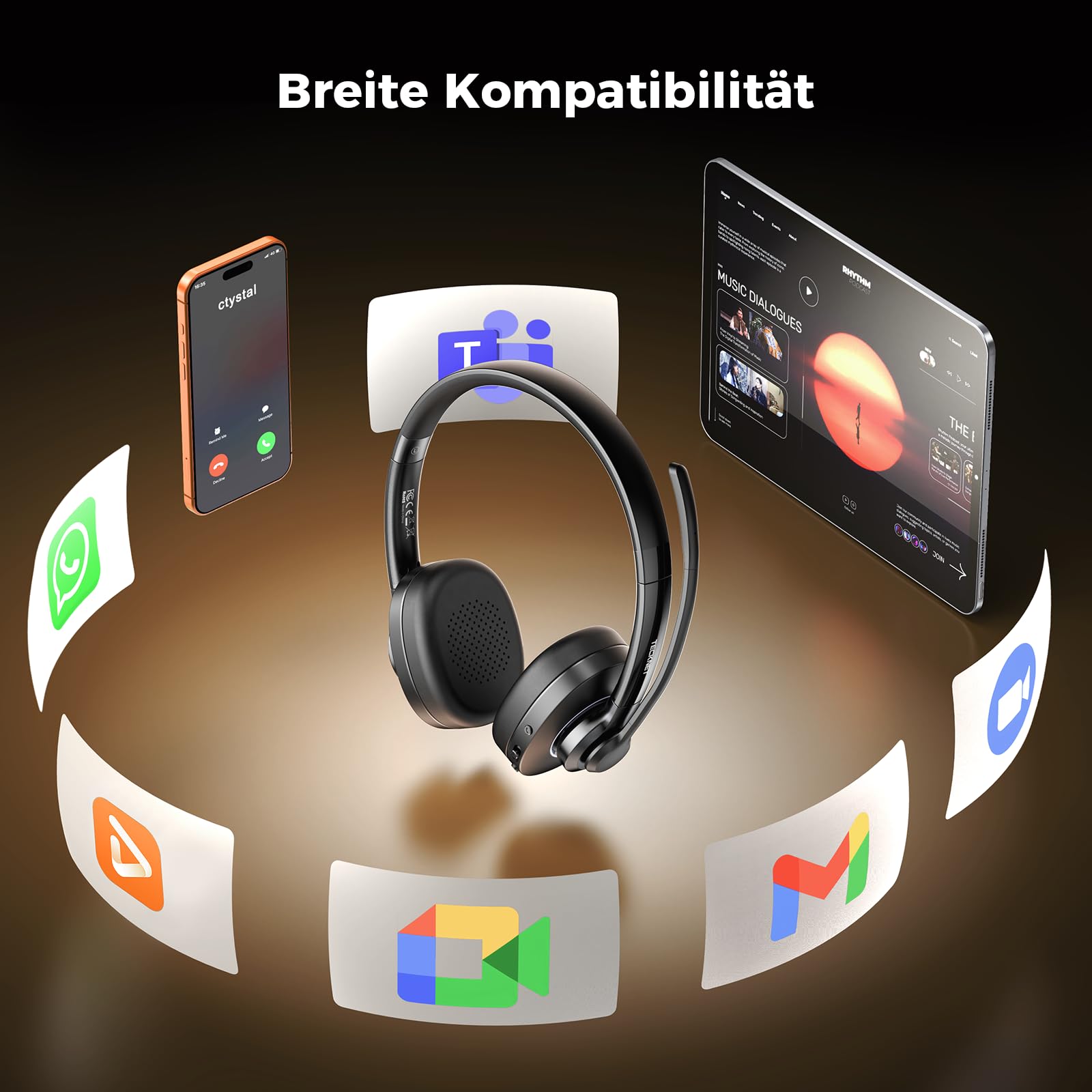 TECKNET V6.0 Bluetooth Headset mit Mikrofon,Wireless Headset mit AI Noise Cancelling Bluetooth Kabellos Kopfhörer PC On Ear mit USB-C Empfänger Büro/Trucker/Callcenter - 50+ Std. Akku