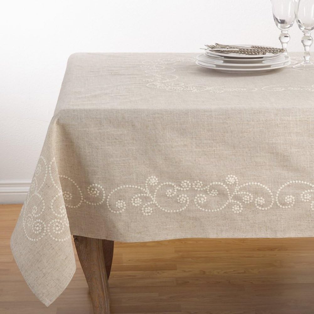 Fennco Styles Embroidered Swirl Design Linen Blend Tablecloth 67 x 120 Inch - Natural Table Cover for Home Décor, Banquets, Family Gathering and Special Events