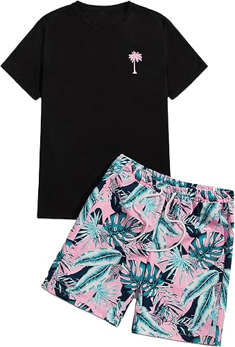 GORGLITTER Conjunto de 2 piezas de camiseta gráfica de manga corta para hombre, estampado hawaiano con cordón y pantalones cortos