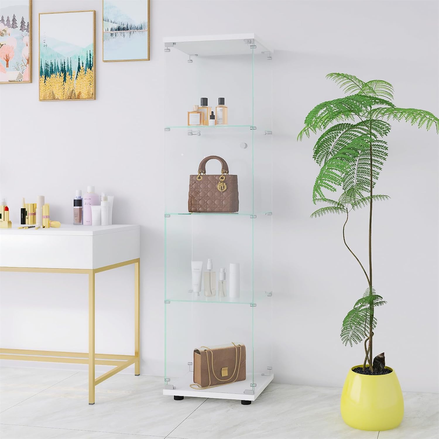 4-Shelf Glass Display Cabinet with Keys, Lockable Curio Cabinet Collection Corner Display Case with White Shelf, Floor-Standing Glass Bookshelf for Home Living Room Office