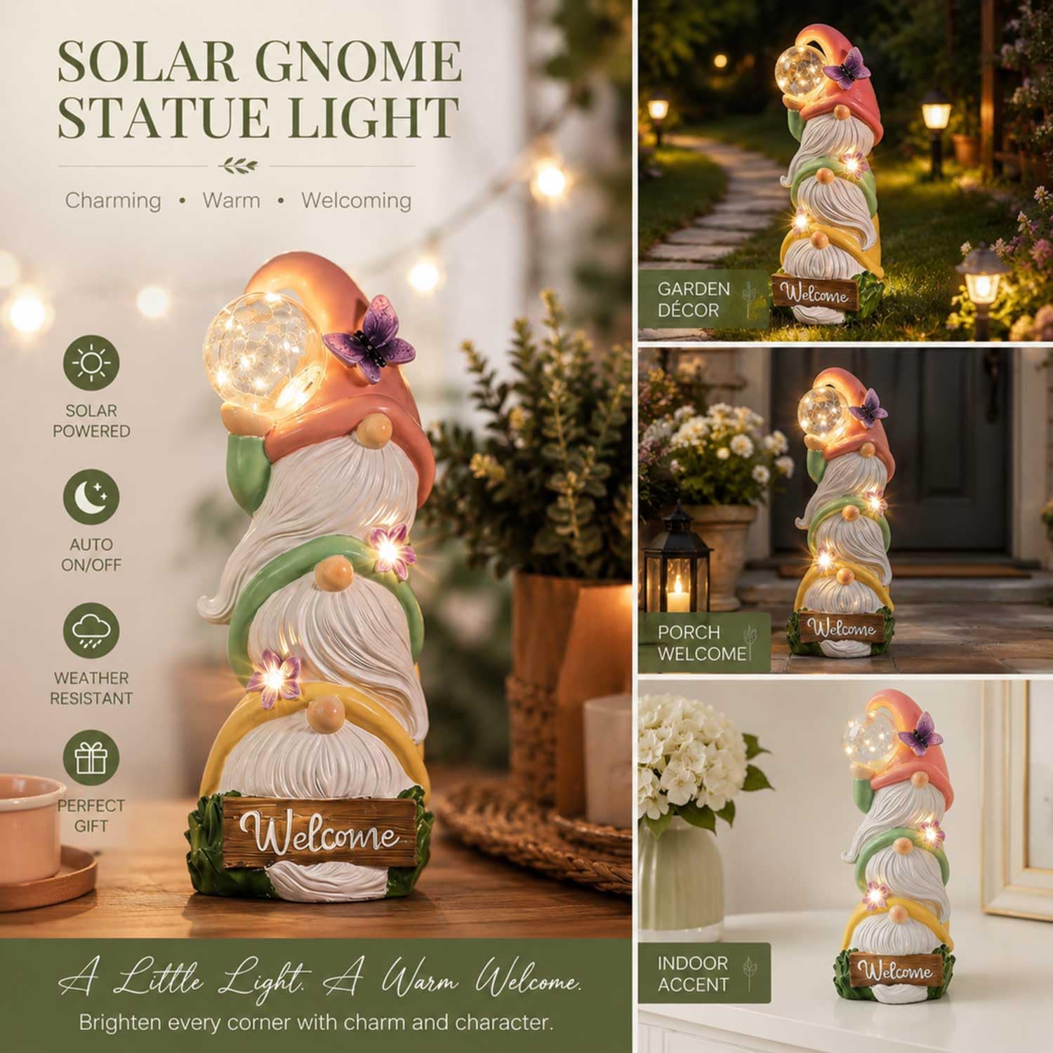 Statue di gnomi da giardino con luci solari, impermeabili per esterni, 3 gnomi primaverili impilati, sculture regalo di compleanno per donne, nonna, 30 cm, cartello di benvenuto