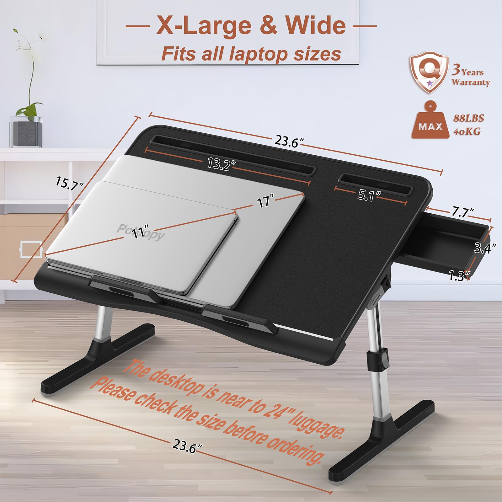 Potuopy - Mesa de Cama para Laptop, Escritorio de Piel con ángulo de Altura Ajustable, Soporte Plegable Extragrande para Laptop con Tablero de Madera ecológica para Trabajar, Leer, Comer en la Cama