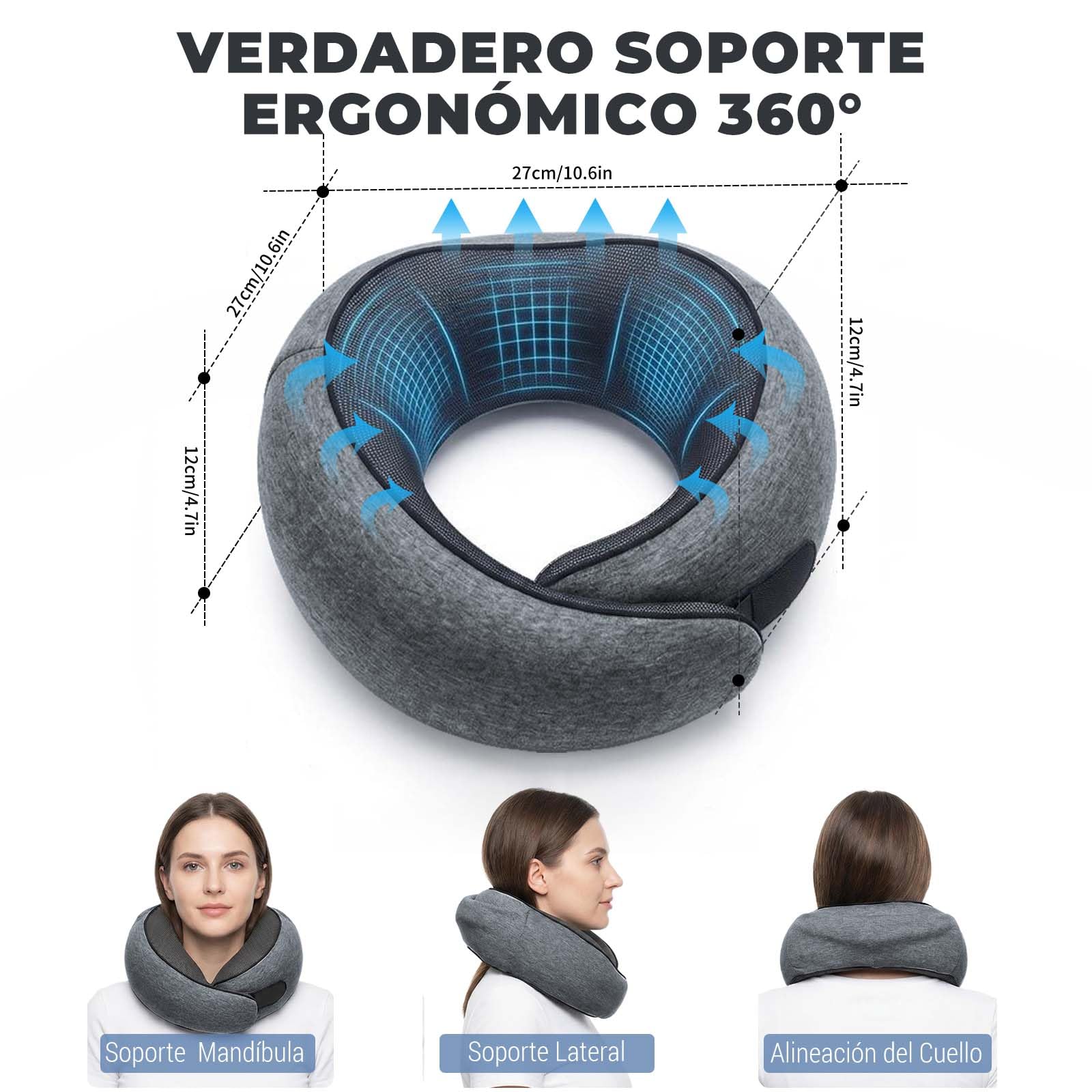 Almohada de Viaje Avión con Capucha Antiluz, Almohada Viaje de Memory Foam con Soporte Ergonómico 360°, Cojín Cuello Viaje Compacto para Avión, Coche y Casa, Adultos y Niños (Gris Oscuro)