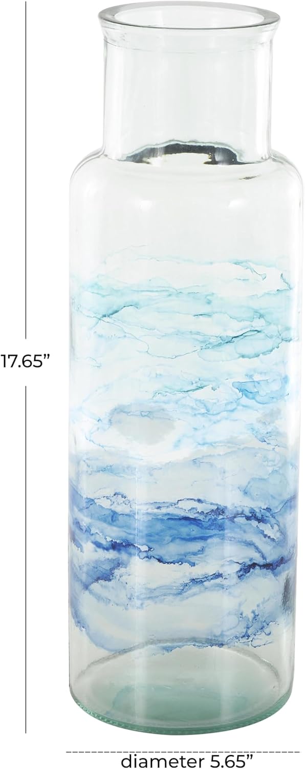 Deco 79 Recycled Glass Abstract Decorative Vase Ombre Centerpiece Vase, Flower Vase for Home Decoration 6" x 6" x 18", Blue