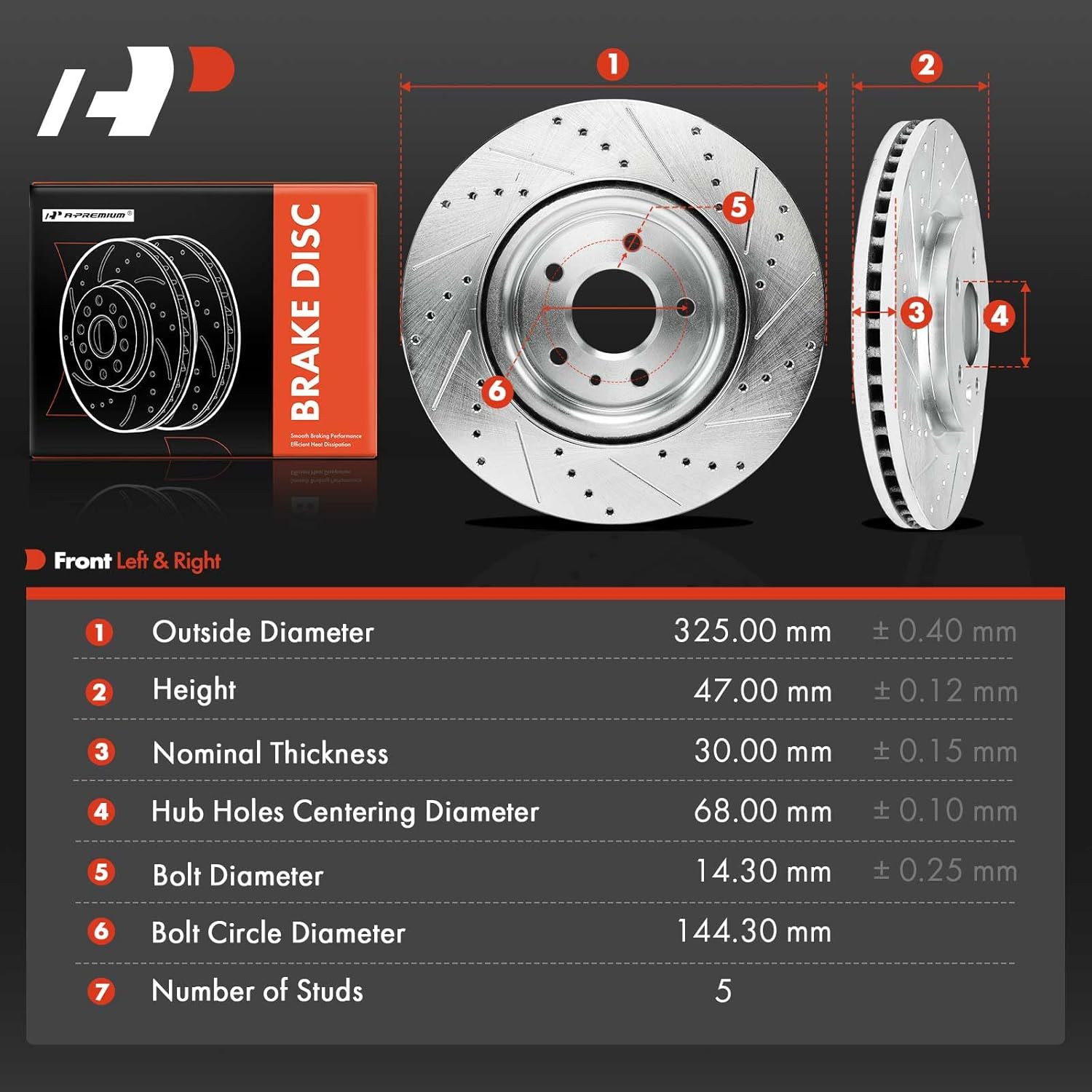 A-Premium 12.80 inch (325mm) Front Drilled and Slotted Disc Brake Rotors Compatible with Select Ford & Lincoln Models - Explorer 2011-2019, Taurus 2010-2019, Flex 2009-2019, MKS, MKT, 2-PC Set