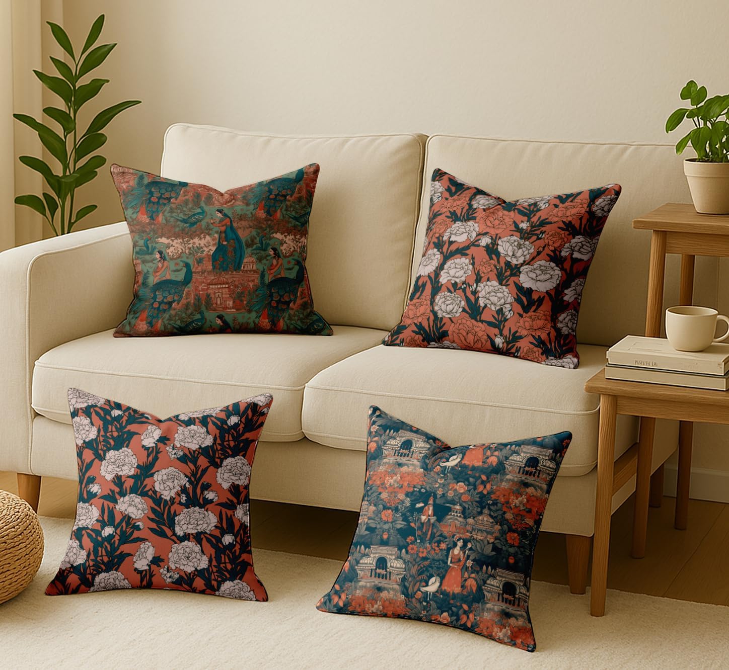 Set of 4 16x16 Cotton Cushion Covers - Decorative Reversible Pillow Covers with Concealed Zipper - Filler Not Included - Asian Print, Coral