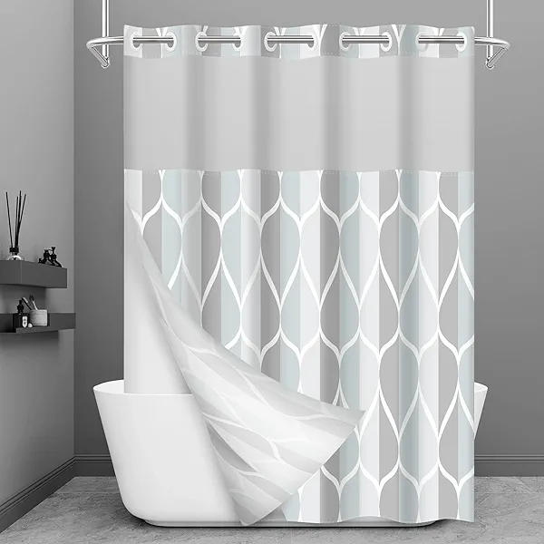 Yiatn No Hook Grey Shower Curtain with Snap in Liner, Geometric Waterdrop Design,Waterproof and Washable Shower Curtains, 71x74 Inch