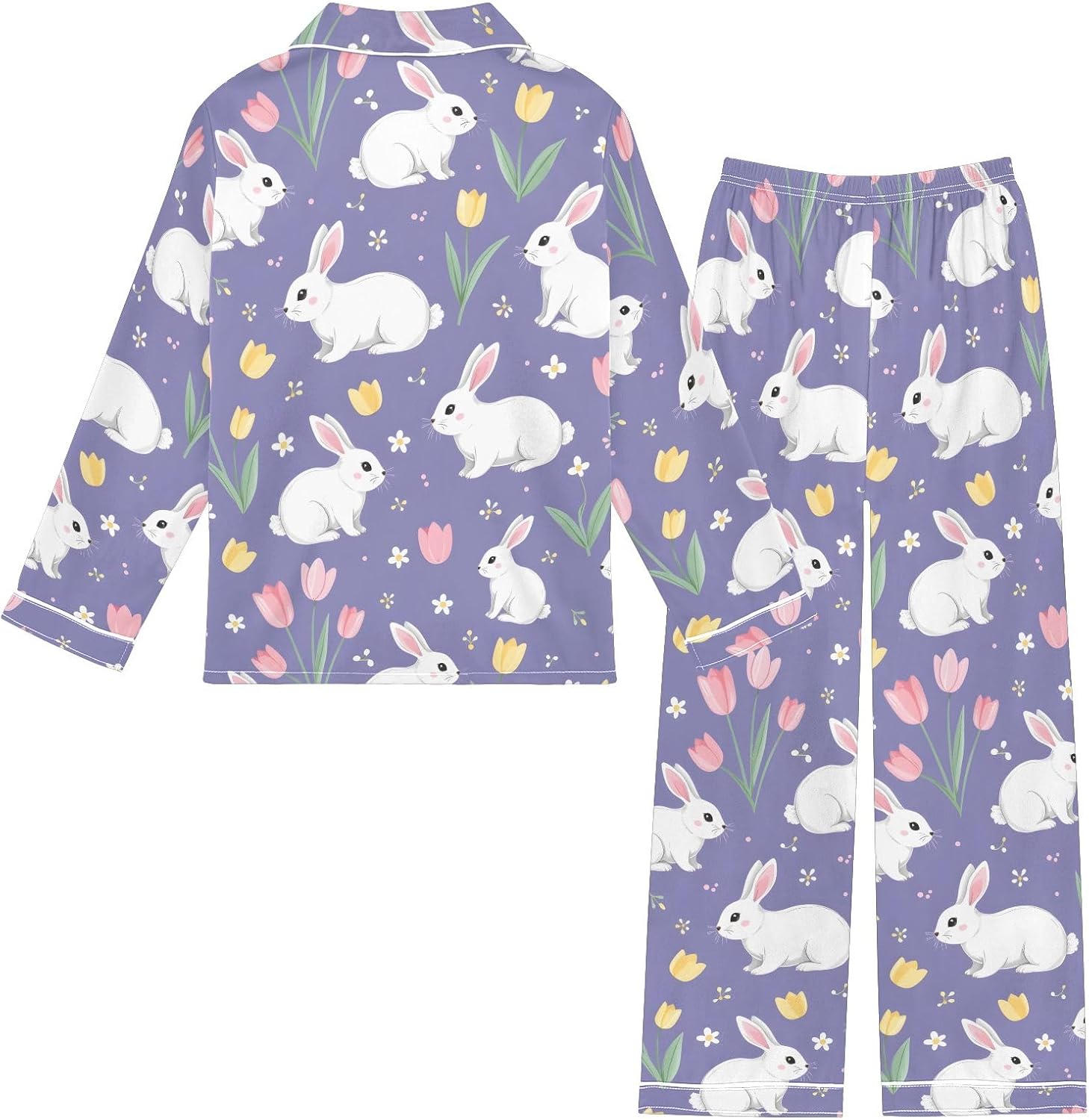 Kids Casual Satin Wear Set Rabbit Tulip Flowers Pattern Unisex Relaxed Fit Clothing