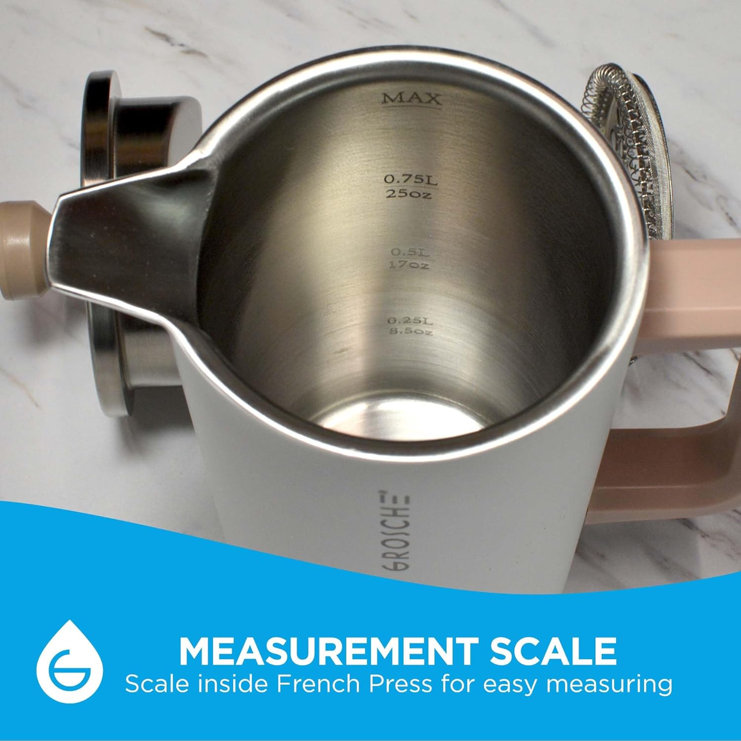 GROSCHE Dub'lin Stainless Steel Coffee Maker French Press 8 Cup | 34 FL Oz Coffee Press, 18/8 Double Walled Stainless Steel French Press Coffee Maker - Hot/Cold Brew | Stainless French Press - WHITE