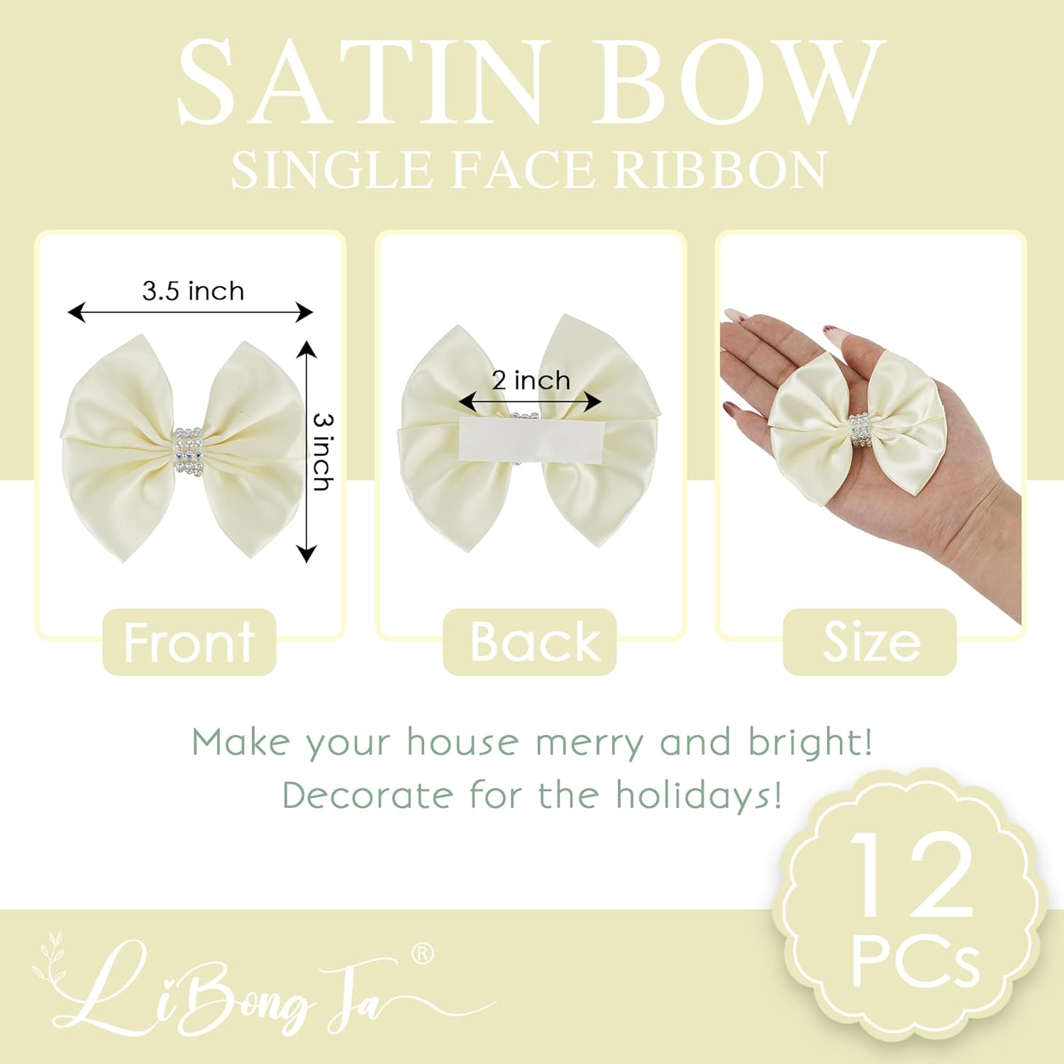 3.5" Ivory Satin Bow Premade Bows, Ivory Ribbon Bows for Presents, Self Adhesive Bows with Rhinestone, Christmas Bows for Gift Wrapping, Treat Bags, Wine Bottle, Party Favors-12 Counts - Image 2