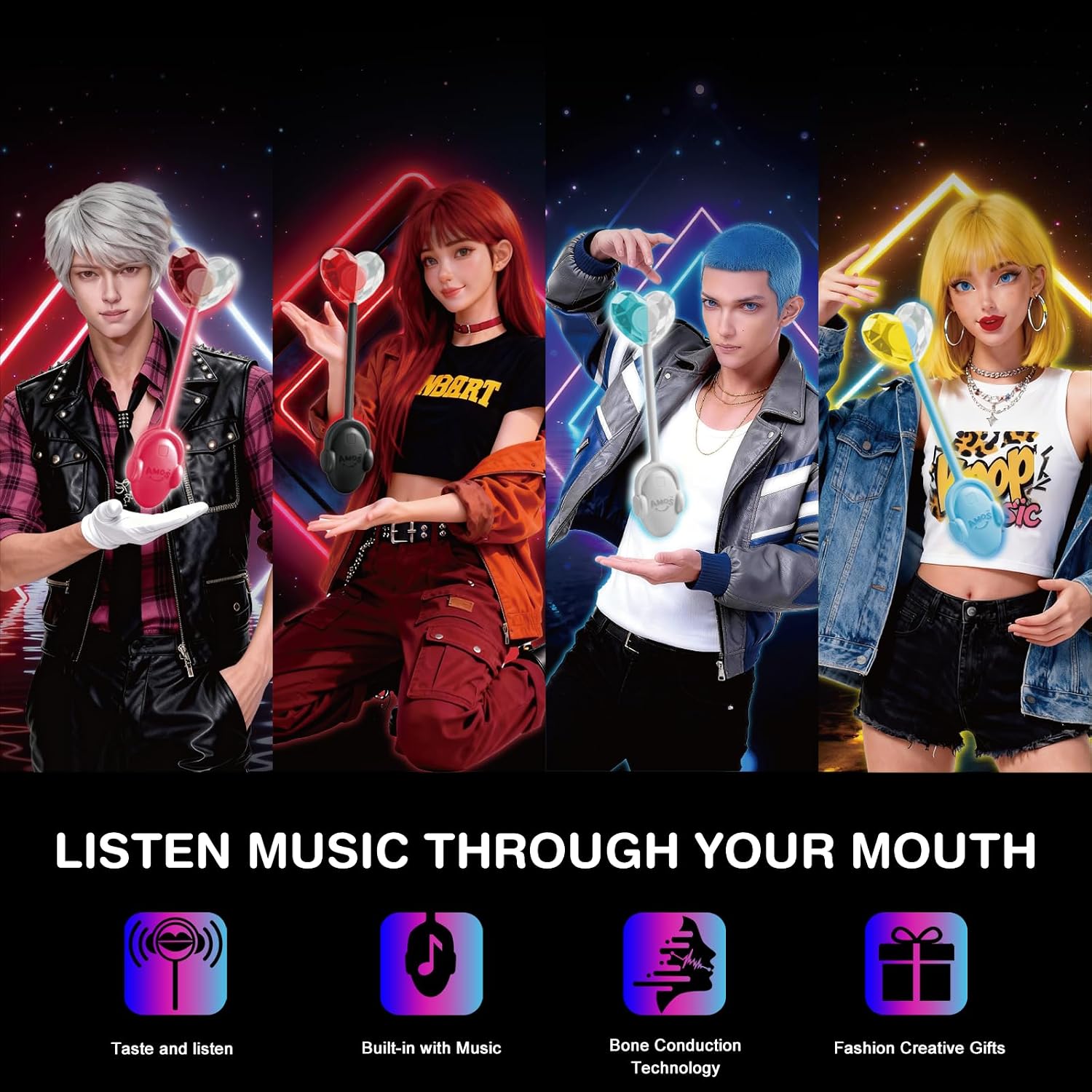 AMOS TastySounds K-Pop Music Lollipop Gift Set - 4 Pack Sugar-Free Bone Conduction Audio Candy Novelty Treat for K-Pop Fans & Gifting