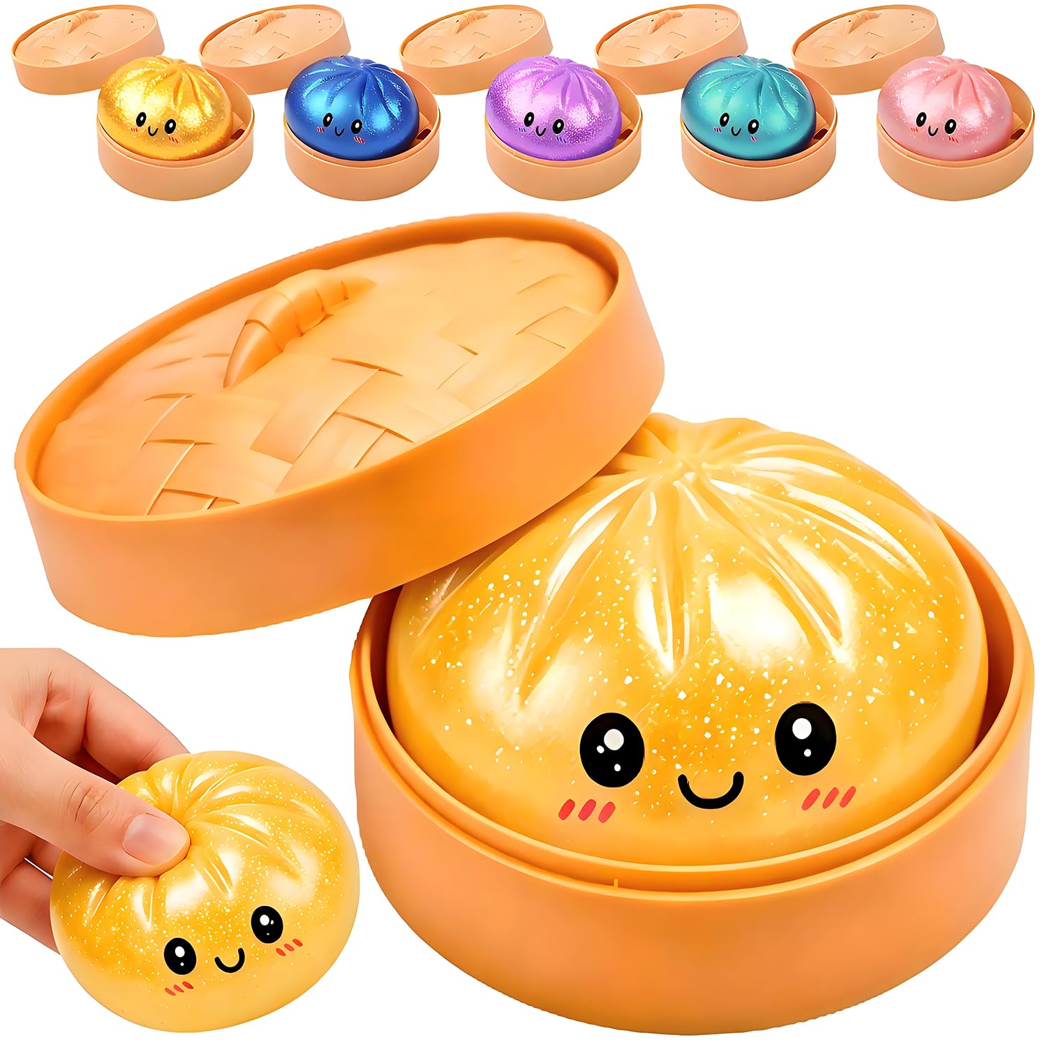 Dumpling Squeeze Toy, New Cute Glitter Dumpling Stress Squeeze Ball with Plastic Steamer Box, Sugar Squishy Fidget Toy, Sensory Anxiety Relief Toy for Kids & Adults Ages 3+ (yellow)
