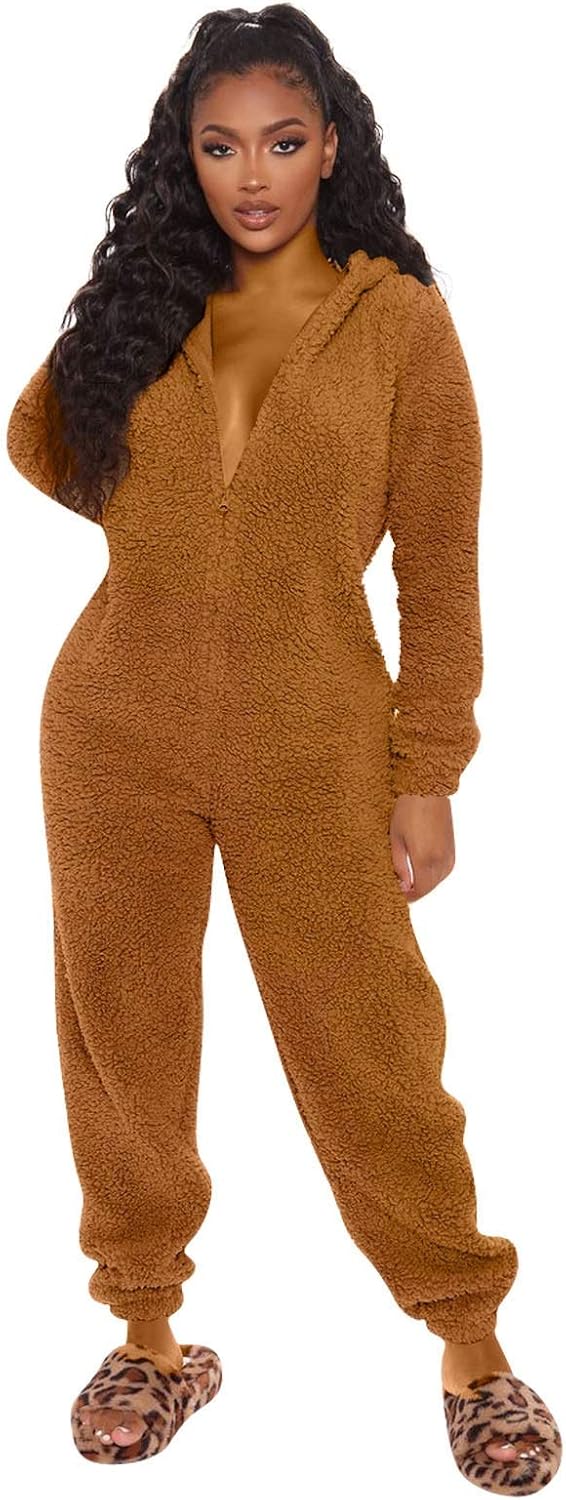 Rompertjes Winter Warme Pyjama Vrouwen Leuke Pluizige Fleece Jumpsuits Nachtkleding Overall Plus Size Hooded Pyjama uit één stuk voor volwassenen Dames Rompertjes Volwassenen (Kleur: Zwart, Maat: M