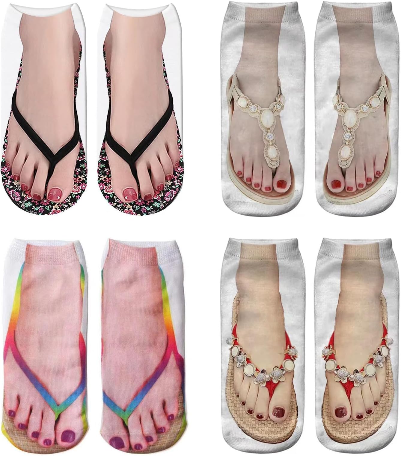 Flip Flop Socks Funny Slipper Socks 3D Pattern Sandal Socks Novelty Crazy Manicure Print Sock Gifts 4 Pairs 4-10 for Women Girl, Colorful, 9 UK