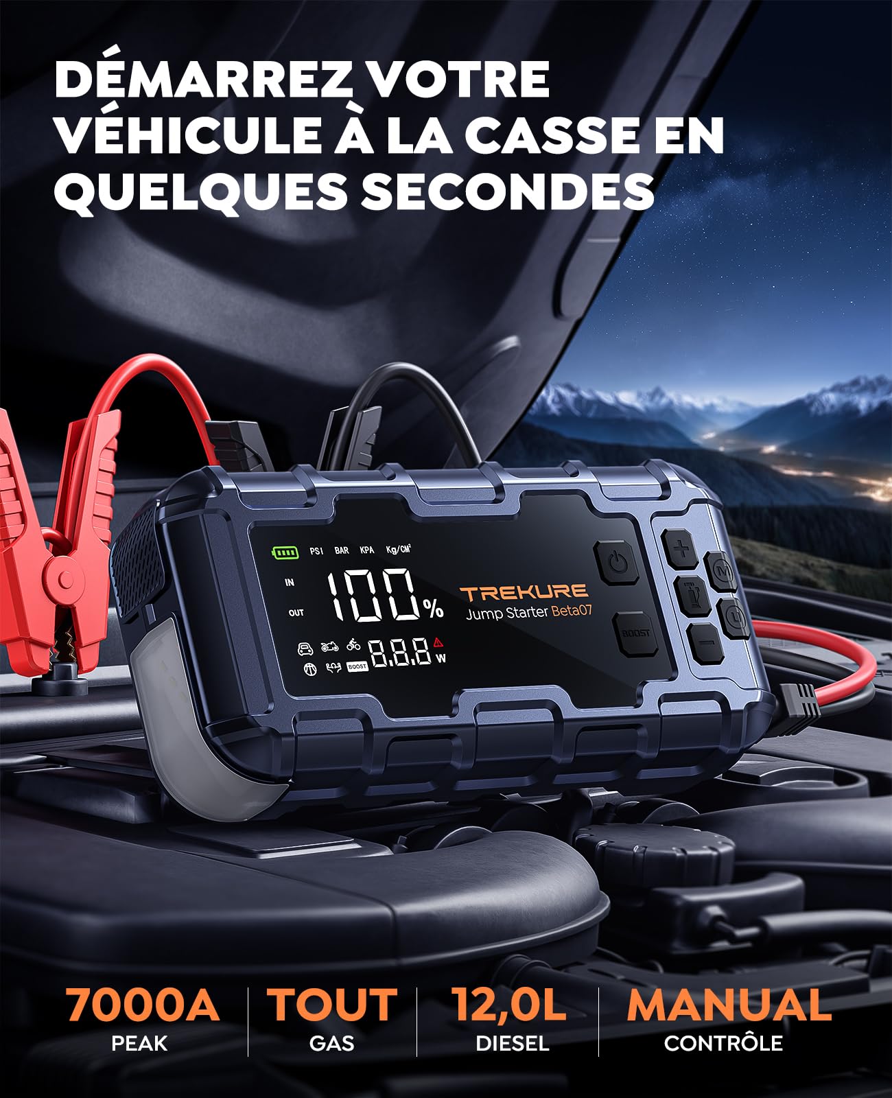TREKURE 10-in-1 7000A Booster Batterie Voiture avec Gonfleur 160PSI, 26800mAh Démarreur Batterie avec 45W Charge Rapide, 600LM LED, Grand Écran, 12V Booster Voiture Puissant(Tous Gaz ou 12L Diesel)