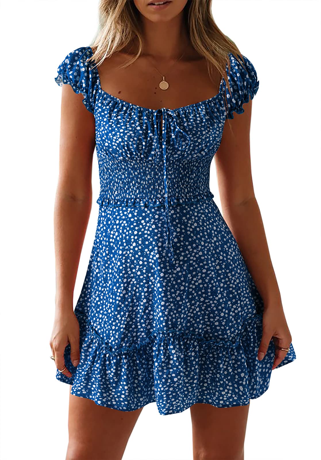YobechoWomens Summer Sexy Sweetheart Collar Printed Ruffle Mini Dress, Blue, M
