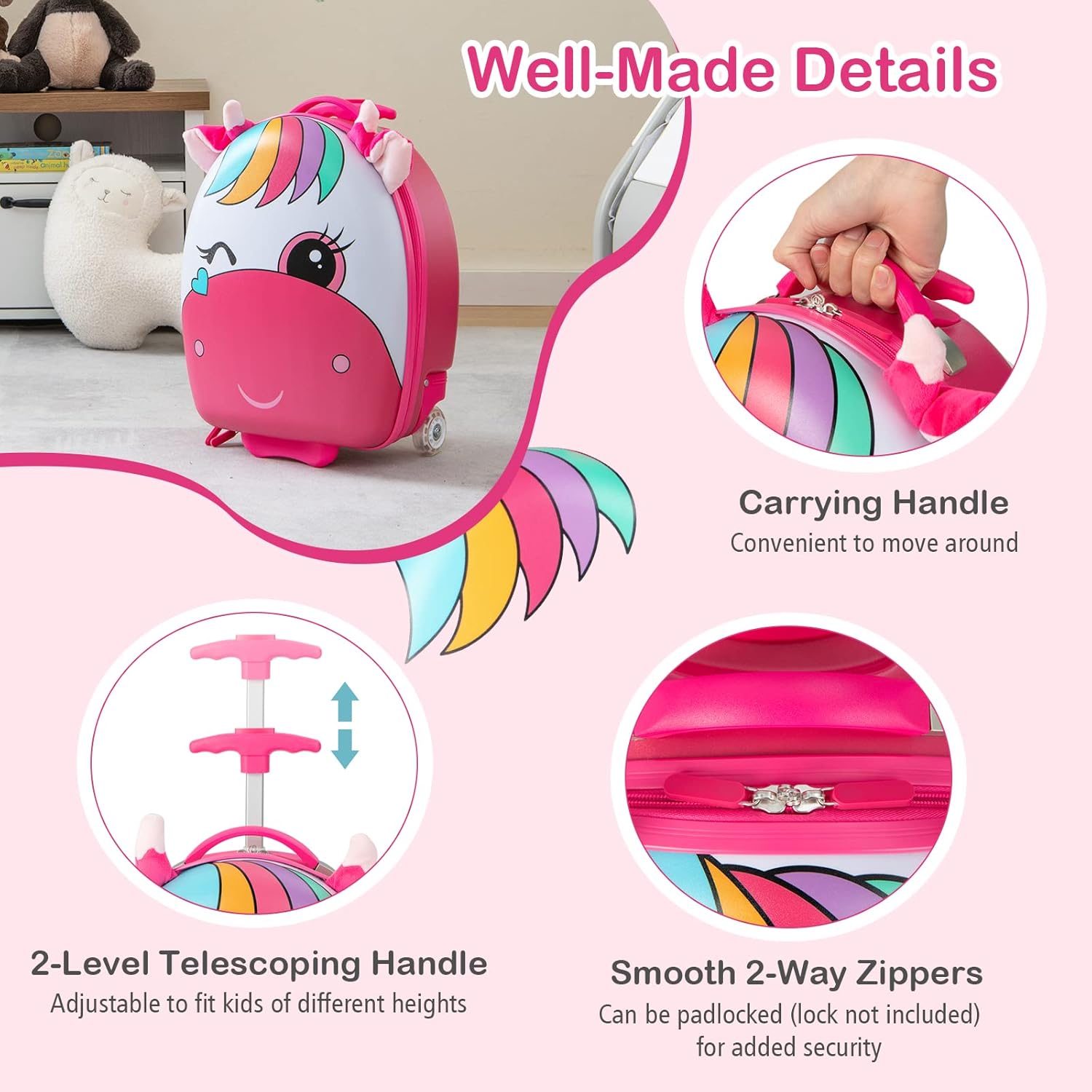 review HONEY JOY Kids Luggage, 16” Children Rolling Suitcase w/Light-up Wheels & Telescopic Handle, Hard Shell Lightweight Travel Luggage for Toddlers, Carry On Luggage with Wheels for Boy Girl(Pink Unicorn)