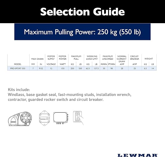 Lewmar Pro Sport 550 12V Windlass for 1/4 G4 Chain, Manual Freefall, Maximum pull 550 lbs., Port Side Mounted Gypsy, for Boats 20'-30' - 2020201167