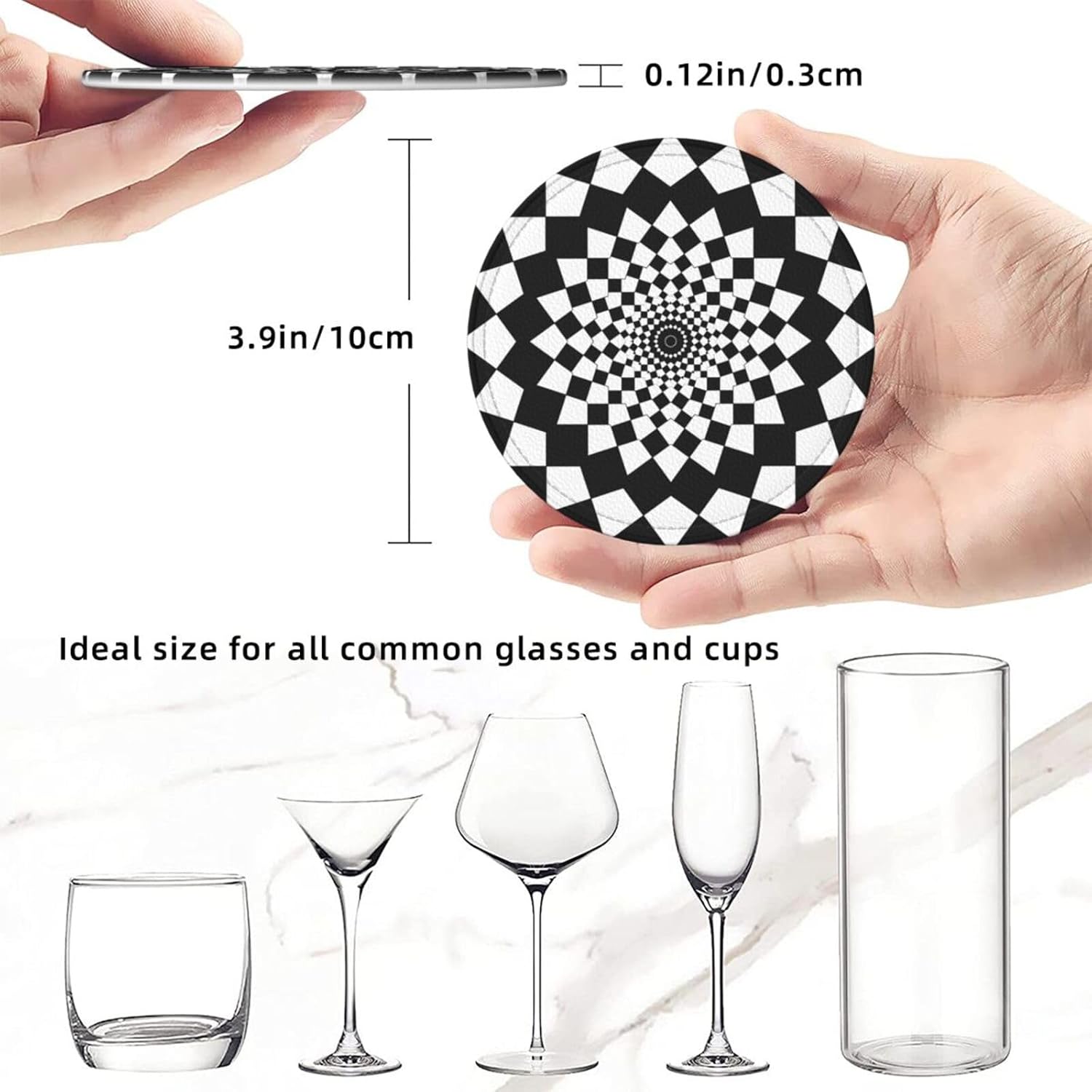 ドリンクコースター ホルダースタンド付き 6枚セット 曼荼羅 チェスボード PUレザー 吸収コースター コルクベース テーブルコース