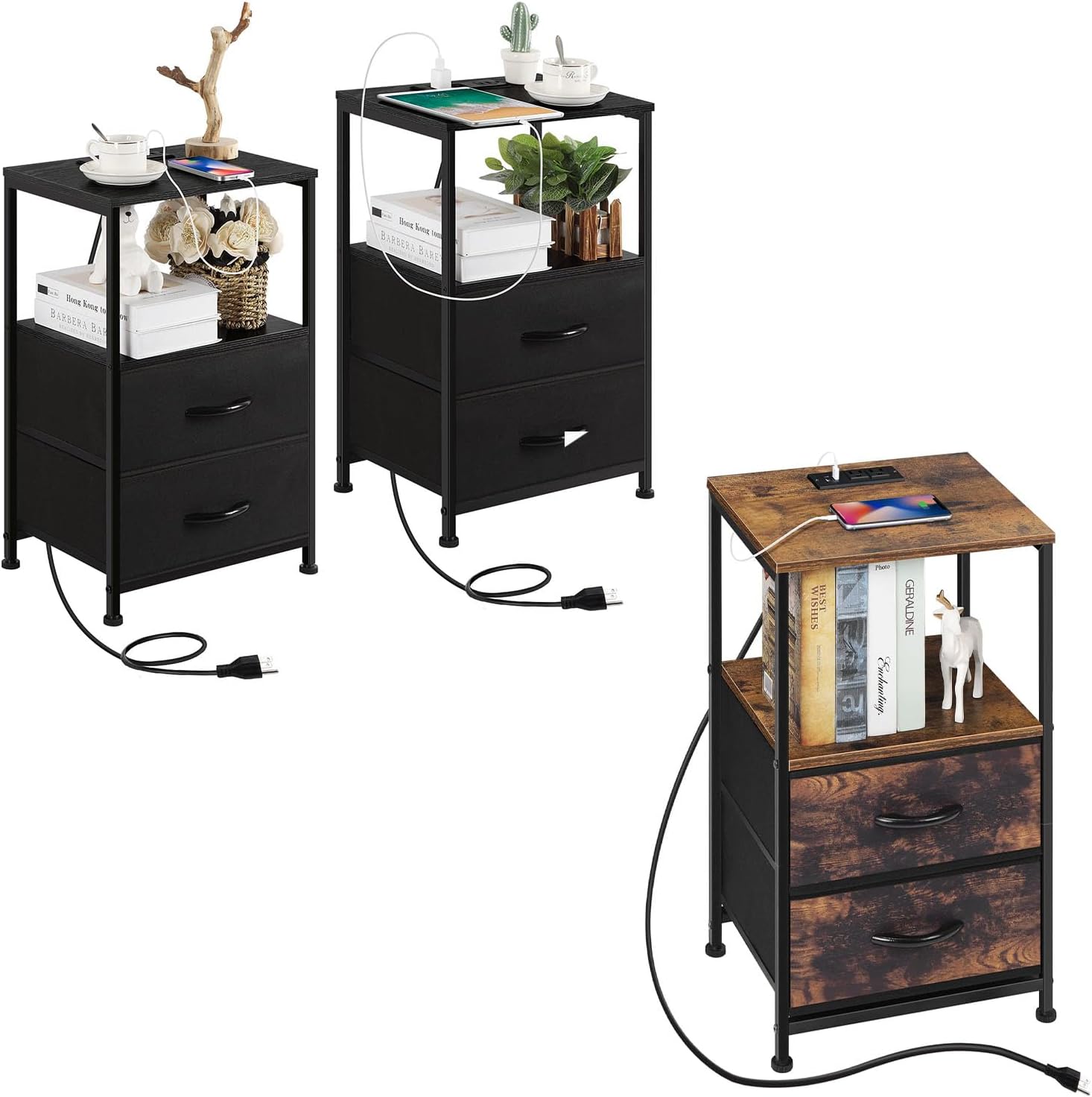Bedside Table Set of 2 with Charging Station Black