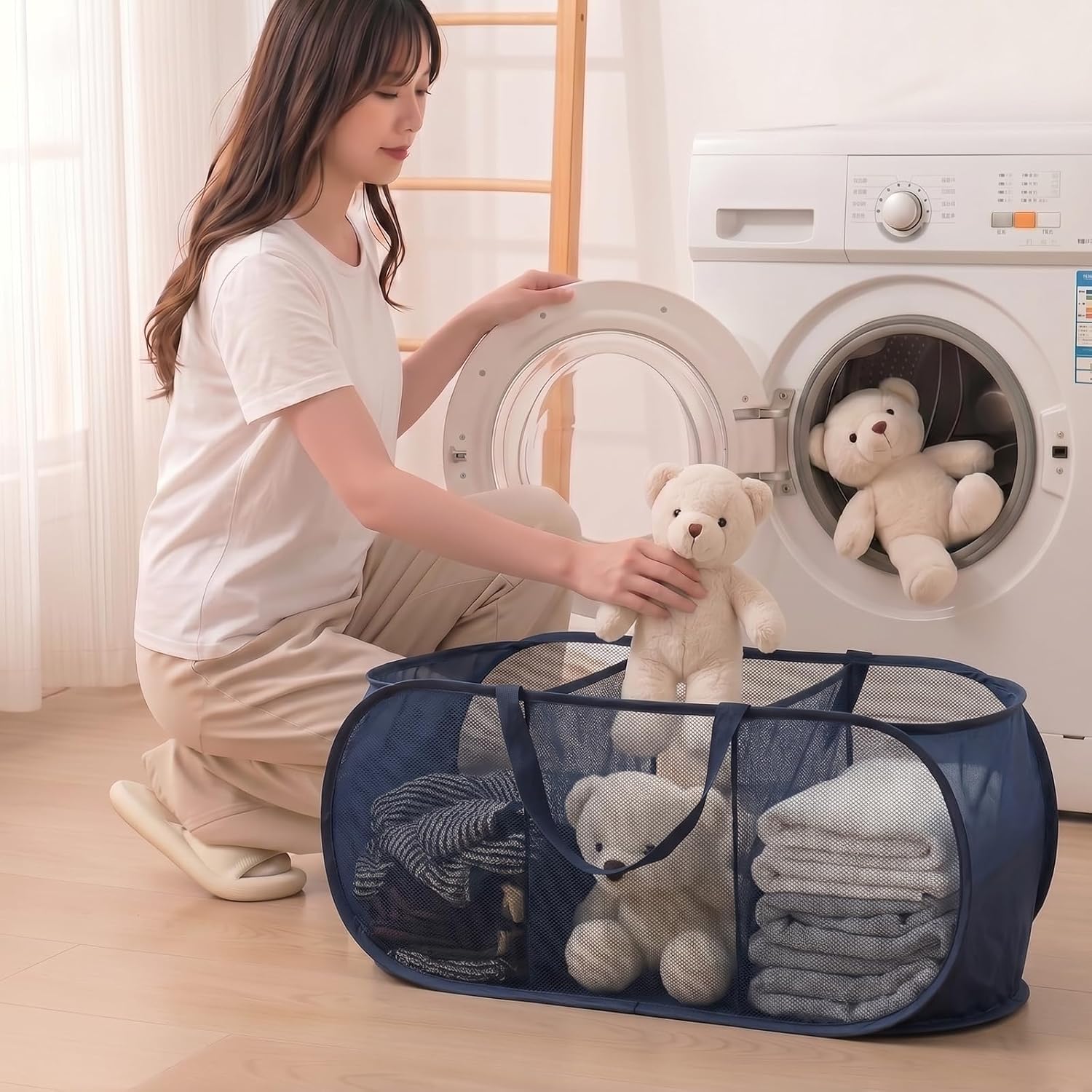 Collapsible Divided Laundry Hamper - Large Capacity Breathable Mesh Laundry Basket with Handles, Home Sorting Storage Bin, Large 31.5"x14"x14"