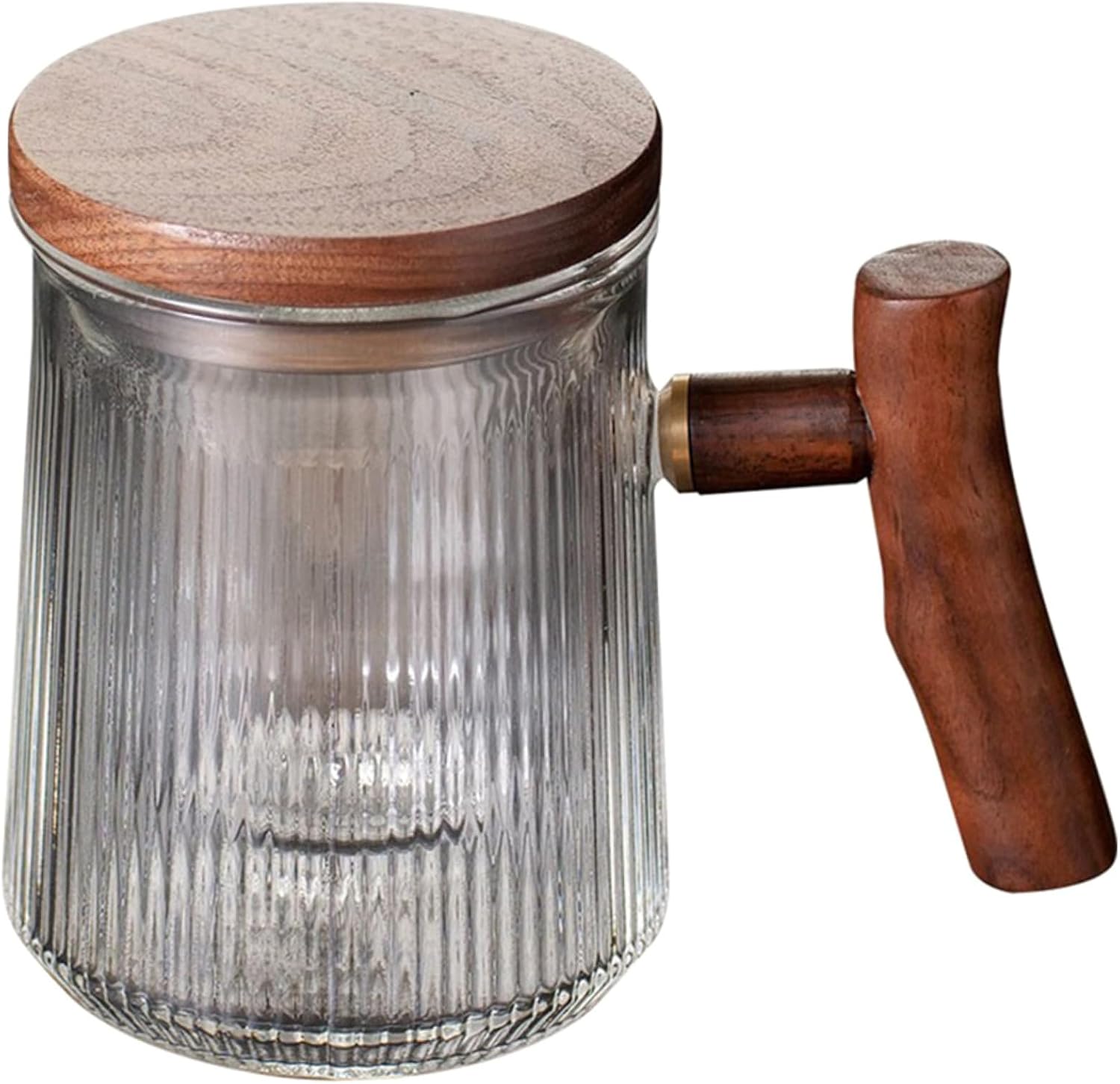 jojofuny Vintage Glass Tea Tumbler with Infuser and Wooden Handle, 380ml Striped Glass Tea Cup with Lid Set for Loose Leaf Steeping and Home Brewing