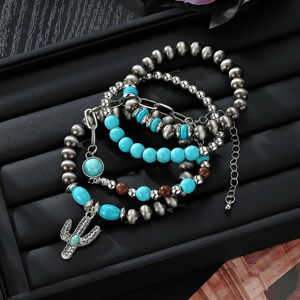 Western Turquoise Beaded Bracelet Set for Women Men, Elastic Stackable Feather Cactus Hat Charm Bracelet Boho Vintage Statement Jewelry Concert Rodeo