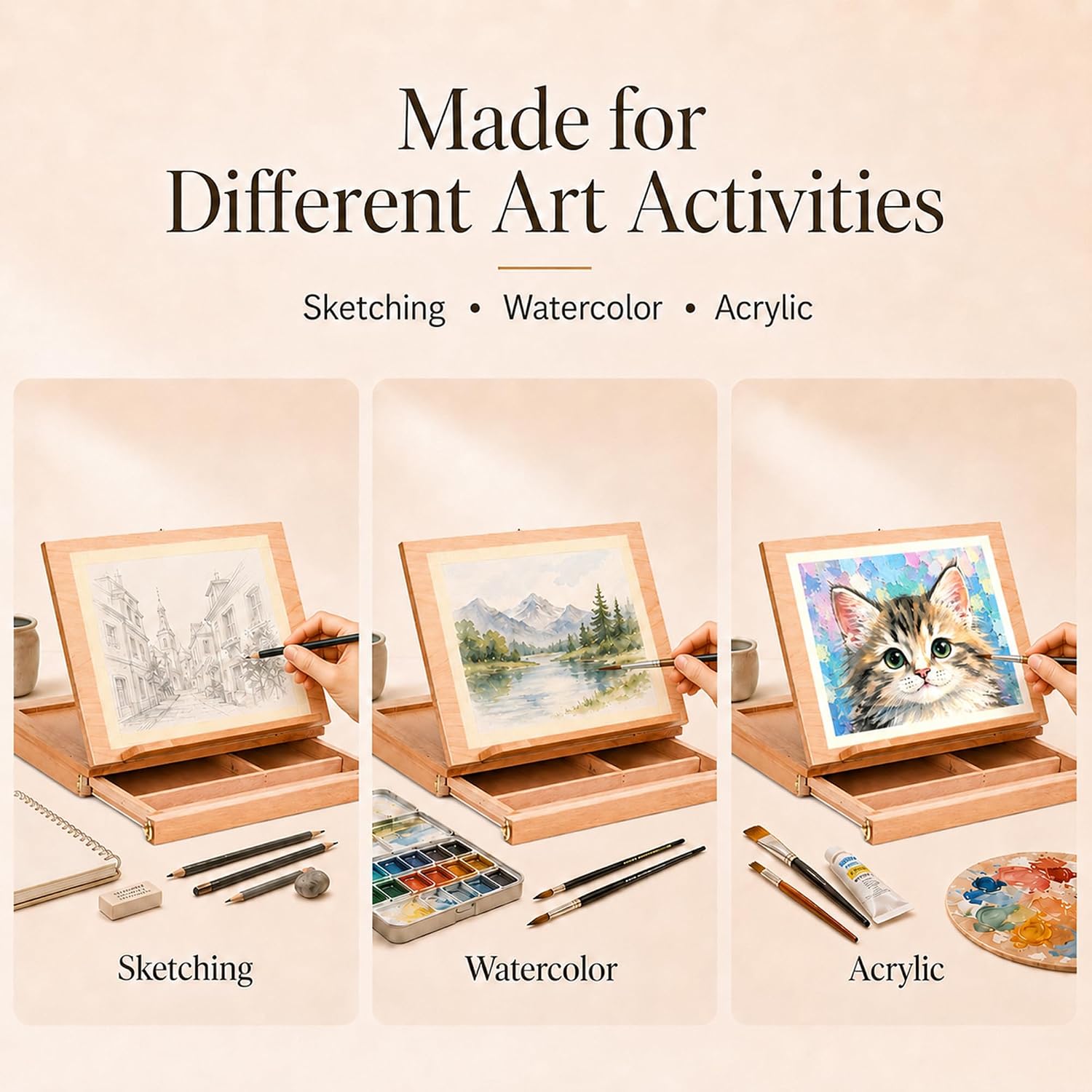 Tabletop Easel with Storage Drawer, Portable Folding Beech Wood Art Easel with Palette, for Painting Beginners Practicing Sketching, Watercolor and Acrylic