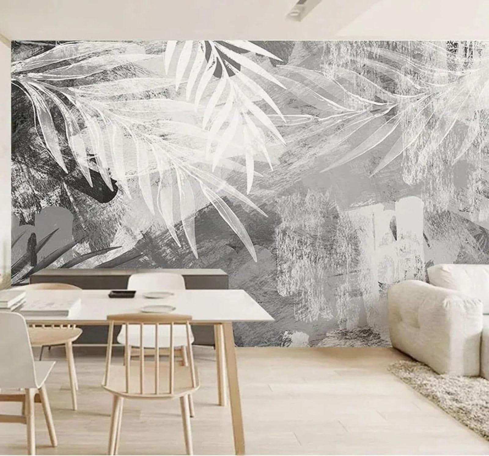 XLMING Hand Drawn Abstract Art Plants Leaves 3D Wallpaper Silky Texture Home Study Office Grey Dining Room Sofa Bedroom Living Room TV Backdrop-350cm×256cm