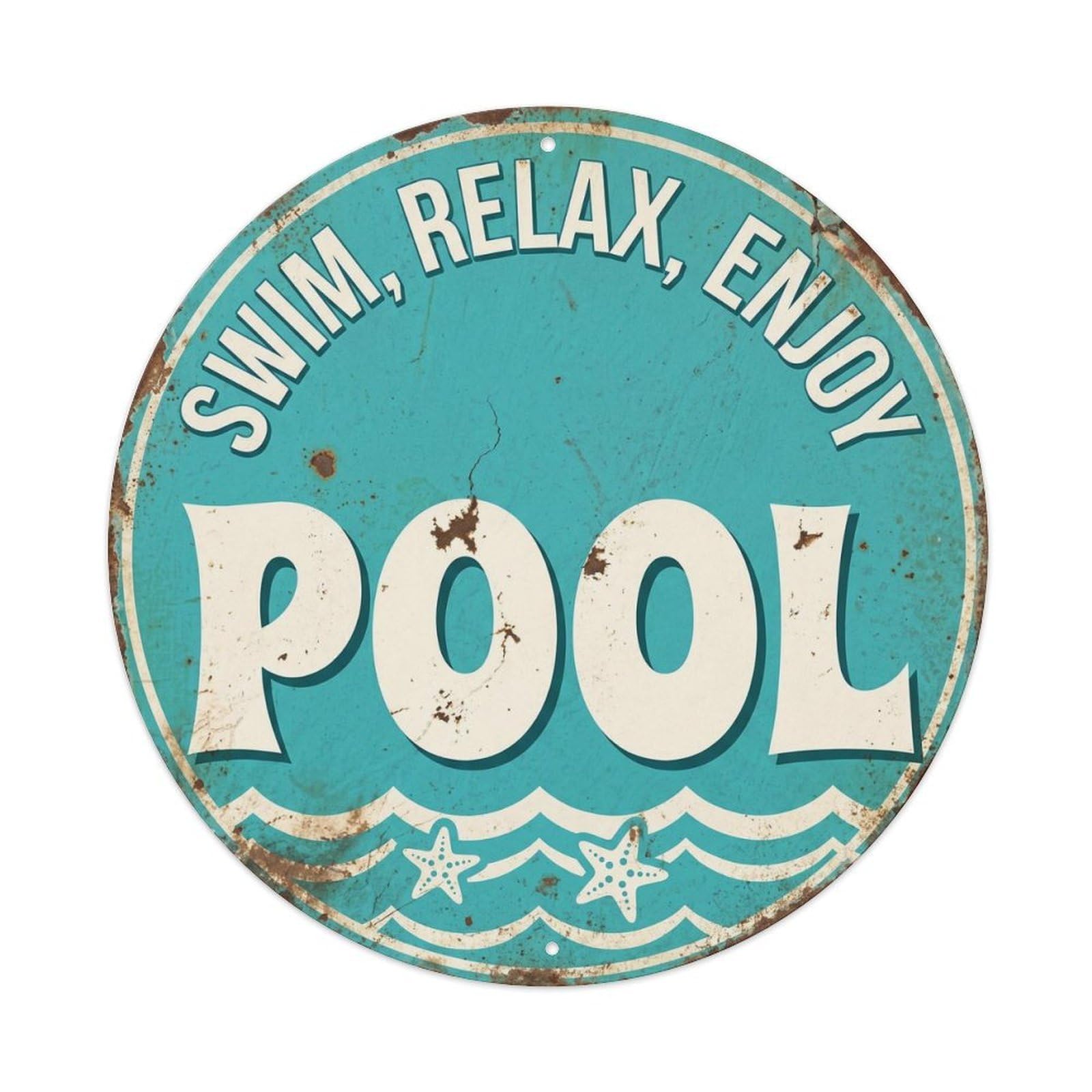 Swim Relax Enjoy Retro Summer Wave Pool Leisure Club Metal Tin Sign Plaque Wall Decor for Cafe, Man Cave, Club Bar, Office, Home Garden Round Metal Poster 8x8Inch