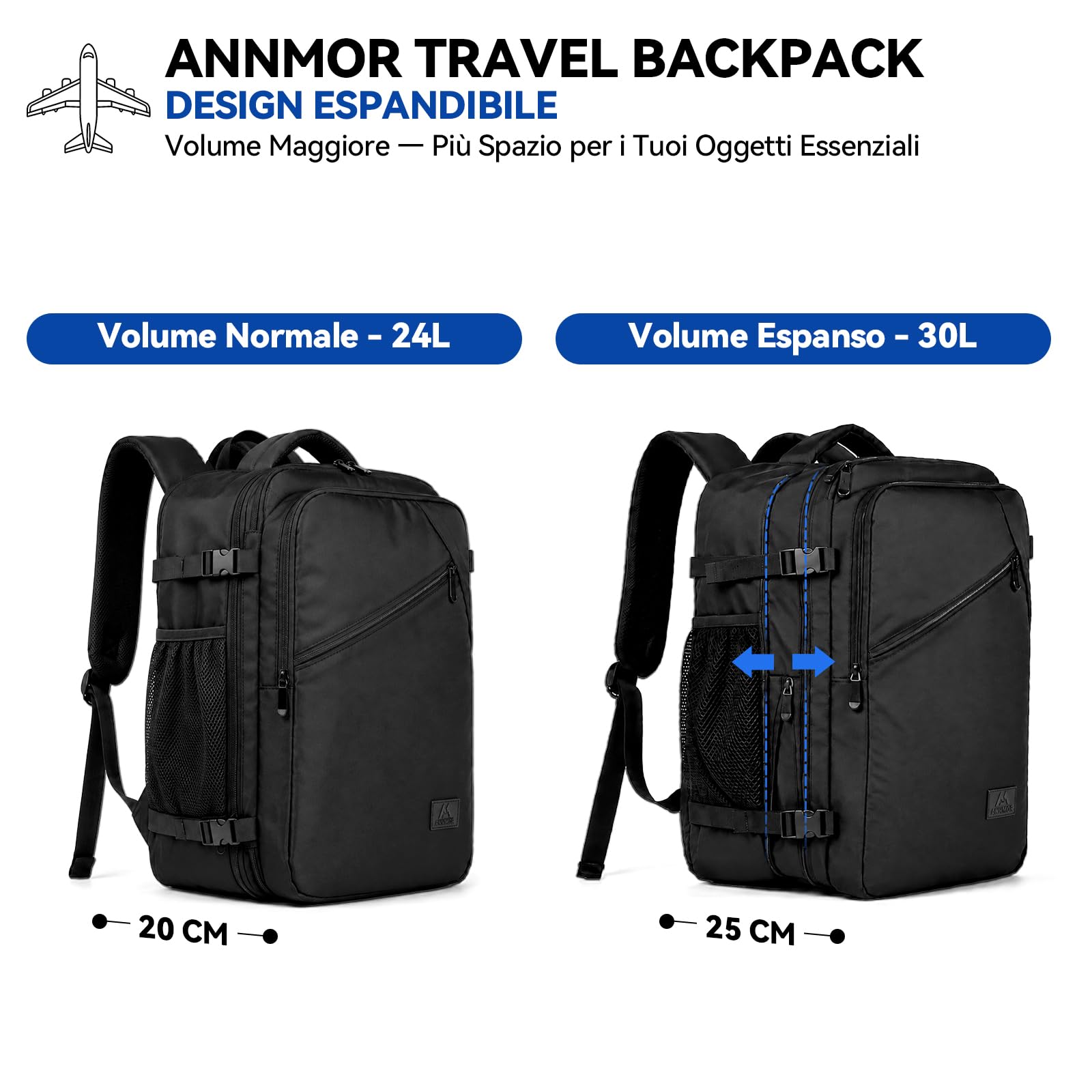 Zaino da Viaggio, 24L Zaino da Cabina 40x30x20 Conforme Ryanair, Espandibile fino a 30L per Laptop 15,6" e Porta USB, Ideale per Viaggi Brevi e Weekend - Nero