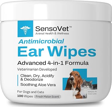 4-in-1 Ear Wipes for Dogs & Cats Quick-Clean Formula with Aloe Vera Deodorizes, Acidifies & Dries Alcohol & Sting-Free Promotes Healthy Ears