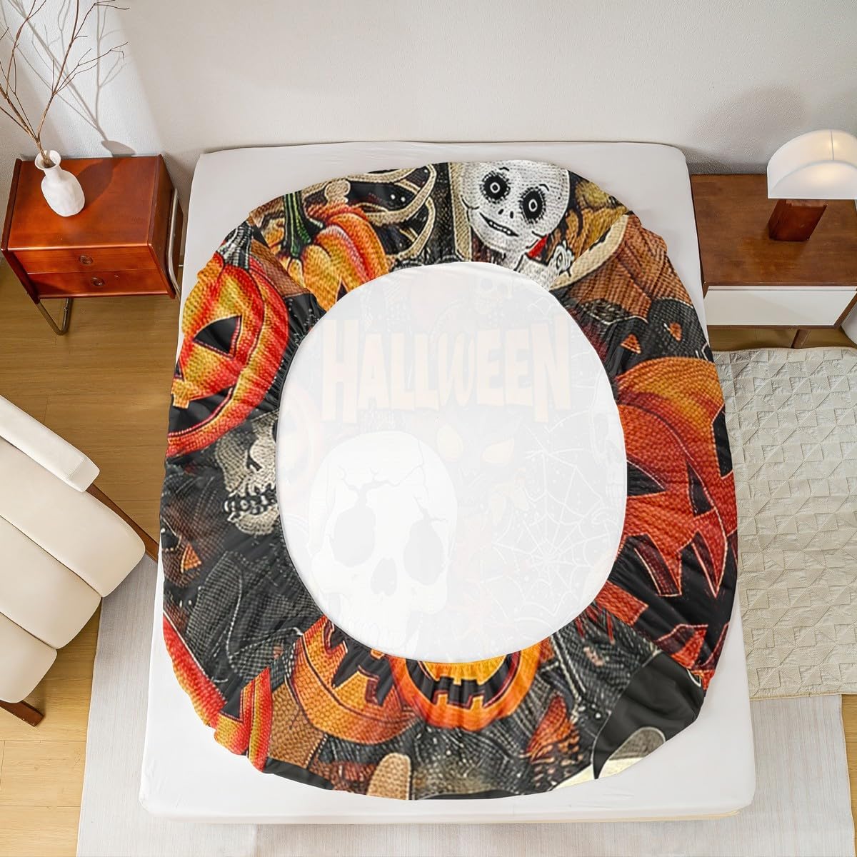 Halloween Skeleton Bed Sheets Full Size,Pumpkin Lantern Bedding Set 4Pcs for Kids Girls Boys Teens Room Decor,Spider Web Fitted Sheet Horror Soft Cozy Top Flat Sheet,2 Pillowcases